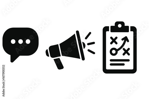 Sports coaching vector icon set. Solid filled icons for communication, speech bubble, megaphone, clipboard strategy, tactics planning, team leadership concepts. Coaching symbols illustration