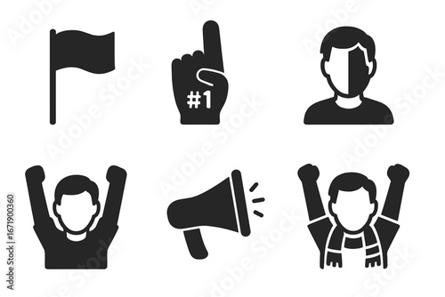 Sports fan icon set. Solid vector illustration with cheering supporter, fan flag, foam finger, face paint, megaphone, scarf, victory celebration, team spirit, stadium atmosphere.