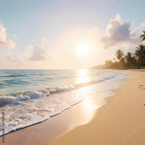 Wallpaper Mural sunset over tropical beach with coconut palm and ocean waves Torontodigital.ca