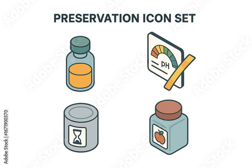 Preservation isometric icon set. Concepts for shelf life, food science, chemical preservatives, ph testing, canned food and long term conservation. Flat vector illustration collection.