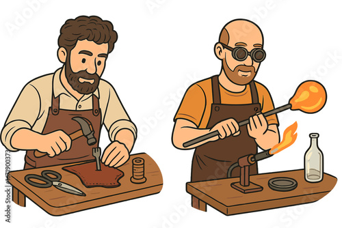 Artisan leatherworker and glassblower characters. Man working with leather and craftsman blowing glass. Concept of traditional crafts, handmade production, and small business.