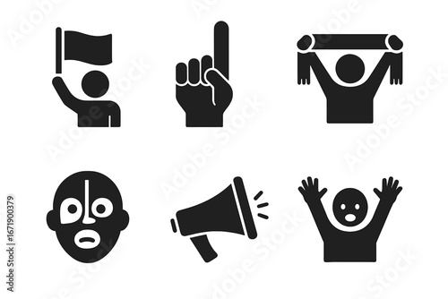 Sports fan icons set. Solid vector collection of supporters with flag, foam finger, team scarf, face paint, megaphone, cheering, excitement, game day, fan culture. Enthusiastic crowd illustration.