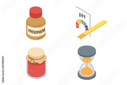 Preservation isometric icon set. Food canning and shelf life concept with icons. Preservative additive bottle, pH test strips, jam jar, hourglass. Food science vector illustration.