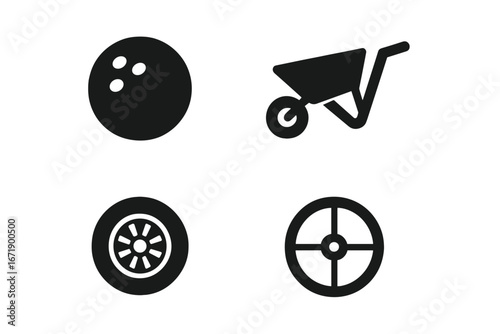 Sports Wheels Icons Collection. Solid Filled Vector Set Featuring Bowling Ball with Holes, Wheelbarrow, Racing Tire, and Spinning Wheel. Versatile Sports and Leisure Game Symbols