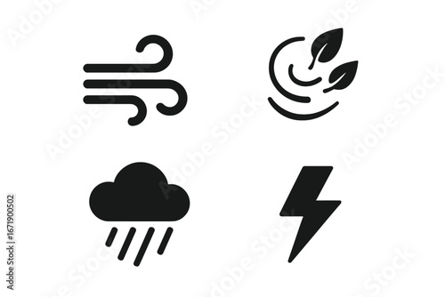 Weather icons set. Solid filled vector illustration of wind gust, swirling leaves, rain cloud, lightning bolt. Abstract graphic resources. Meteorology, climate change, storm, nature symbols.