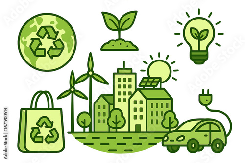 Green city concept with eco friendly icons. Sustainability and ecology conservation. Renewable energy, solar panel, wind turbine, electric car and recycling symbol vector set.