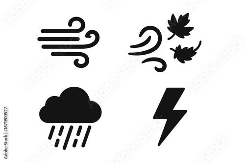 Solid Filled Weather Icon Set Vector. Wind Gust, Swirling Leaves, Rain Cloud, Lightning Bolt. Bold Black Symbols. Seasonal Wind Effects. Meteorology. Nature Climate Storm Vector Elements.