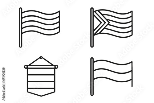 Pride flag icon set. Outline vector symbols for LGBTQIA+ community. Rainbow, progress, transgender, bisexual flags. Love, freedom, equality, human rights celebration concept.