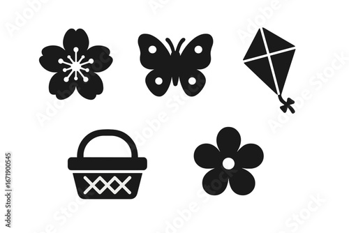 Spring celebration festival icons set. Cherry blossom flower, butterfly, picnic basket, kite symbols. Solid filled vector illustration for seasonal design, nature, holidays, leisure, springtime.