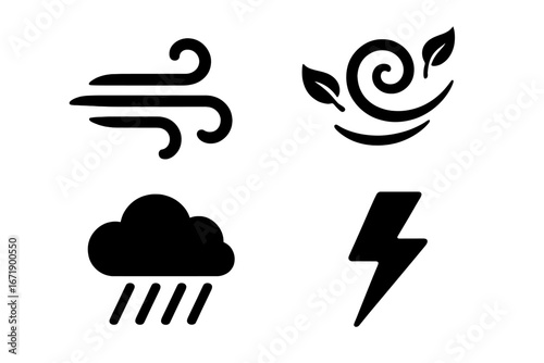 Weather vector icon set, bold solid symbols of wind gust, swirling leaves, rain cloud, lightning bolt. Nature climate elements, meteorology concept, forecasting, storm, breeze, precipitation effects.