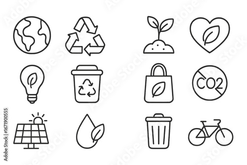 Ecology line icon set. Eco-friendly, sustainable, recycling symbols. Green energy, planet earth, zero waste, CO2 reduction, and renewable conservation vector icons.