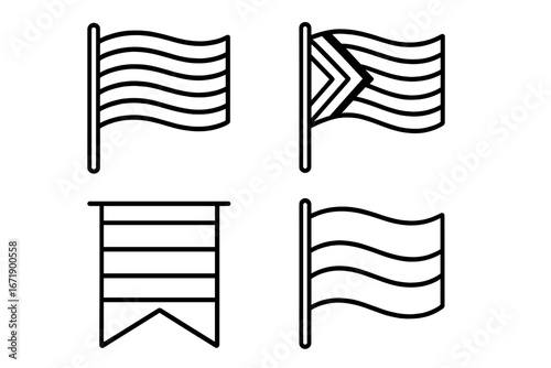 Pride flag outline icon set. LGBTQIA+ community symbols. Rainbow, progress, transgender, bisexual flags. Waving flag and banner vector graphic for pride month celebration.