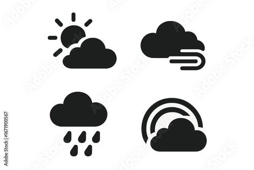 Seasonal weather icons vector set. Solid silhouette symbols of sun behind cloud, gentle breeze, rain shower, rainbow. Climate forecast signs. Meteorology pictograms. Black filled icons isolated.