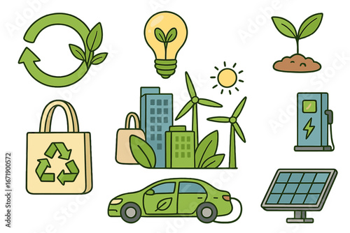 Eco friendly icon set. Green energy and sustainability concept. Vector collection with solar panel, wind turbine, electric car, and recycling symbol. Clean future technology.