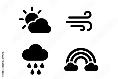 Weather icons vector set with solid filled style. Seasonal fair weather elements: sun behind cloud, gentle wind breeze, rain shower, rainbow. Black silhouette isolated collection. Climate symbols.