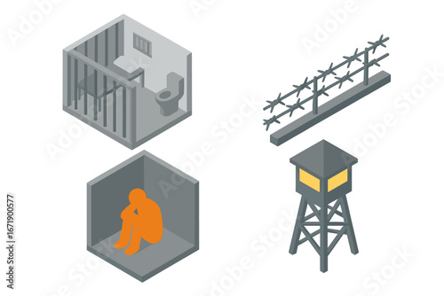 Prison isometric icon set. Political repression, jail and punishment concept. Vector icons of a prison cell, barbed wire, solitary confinement and a guard watchtower illustration.