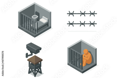 Prison icon set isometric vector. Jail cell, barbed wire, surveillance camera, solitary confinement icons. Political repression, punishment, justice system, law, crime concept.