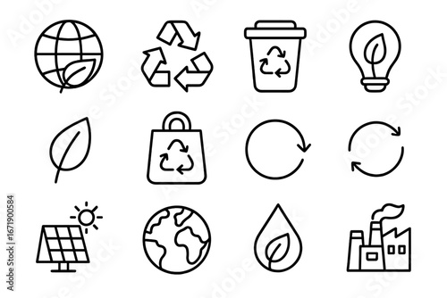 Ecology and recycling line icon set. Concepts for sustainability, green energy, and environmental care. Vector collection of eco-friendly symbols like recycle, globe, solar panel.