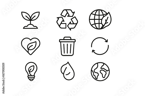 Ecology line icon set. Recycling and sustainable symbols. Eco friendly concept for conservation, green energy, nature and environment. Vector graphic collection, simple design.
