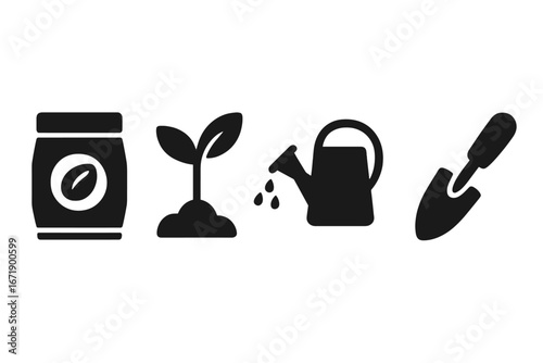 Spring gardening solid vector icons set, filled silhouette pictograms of planting seed packet, sprouting seedling, watering can, garden trowel, farming, agriculture tools, transparent background