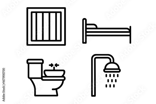 Prison life outline icons. Jail cell conditions vector set. Incarceration symbols for inmate basic needs. Barred window, bed, toilet, shower. Justice system and corrections.