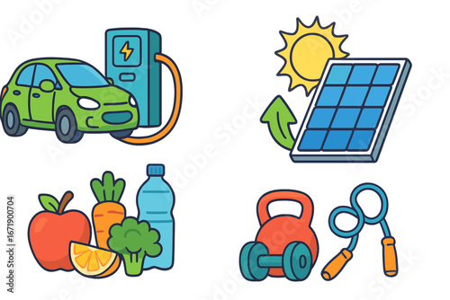 Sustainable and healthy lifestyle concept. Vector icon collection with electric car, solar energy panel, healthy food, and fitness sport equipment for a green and active life.