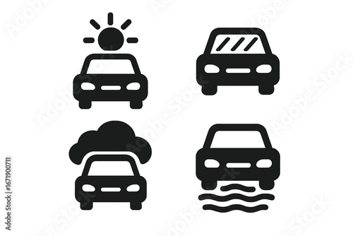 Set of solid vector car icons showing weather conditions on the road, clear sky, rain on windshield, cloud cover, foggy, and wet driving. Traffic safety, transportation hazard concept illustration.