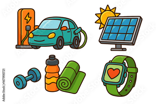 Electric car charging with solar panel energy. Sustainable transport and healthy lifestyle concept icon set. Fitness, workout, gym, and health tracker vector cartoon icons.