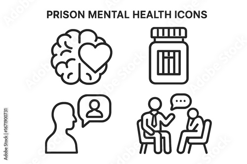 Prison mental health services outline icon set. Vector icons for inmate psychology, therapy, and counseling. Prisoner support, treatment, medication, and mental wellbeing concepts.