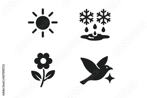 Solid Seasonal Renewal Icons Set. Sunlight, Snow Melting, Early Blooming Flower, Returning Migratory Bird. Spring Nature Revival Symbols. Simple Vector Silhouette Springtime Concepts