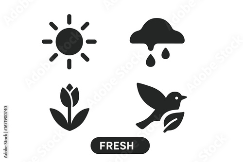 Spring season renewal icons set. Solid vector symbols of sun, rainfall, melting snow, early blooming flower, migrating bird, freshness, nature awakening, seasonal change, fresh environment.