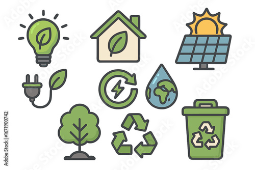 Energy conservation and sustainability icon set. Vector graphics of eco-friendly practices, renewable resources, green power, solar panel, recycling, and environmental care concepts.