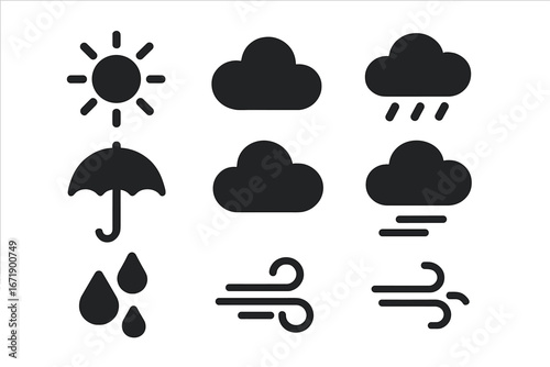 Weather icons collection outdoor conditions. Solid filled vector illustration. Sun, cloud, rain, umbrella, wind, drops. Black pictograms set for forecast, climate app, coaching, meteorology.