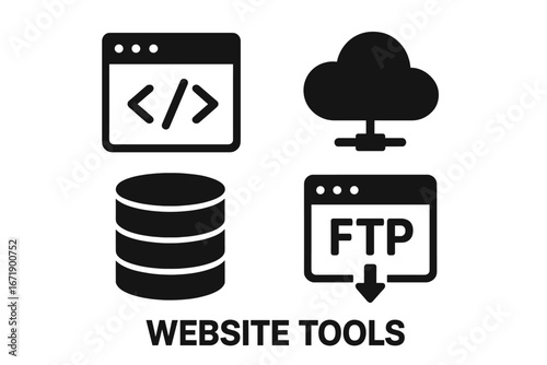 Website development tools icons vector set for code editor, cloud hosting, database storage, FTP server. Solid filled web technology design. Internet infrastructure symbols. Stock illustration.