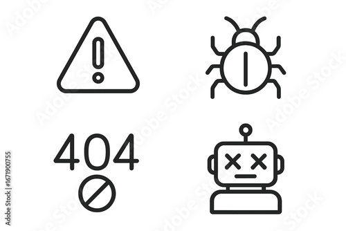 Error line icon set. Bug, 404 page not found, broken robot, system failure, warning sign. Vector outline symbols. Connection problem, tech alert, debugging pictogram collection.
