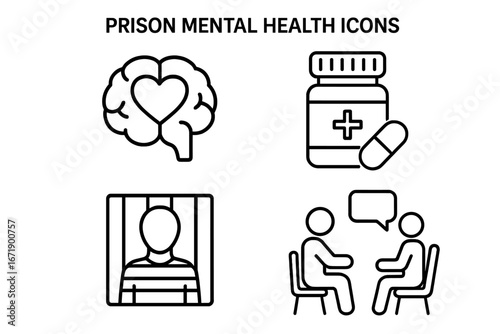 Prison mental health outline icon set. Inmate psychology and therapy concept. Prisoner support, counseling, medication, and rehabilitation icons. Justice system wellness vector.