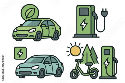 Electric car icon set. Eco friendly vehicle. E-scooter transport. EV charging station. Green energy. Renewable power. Clean automobile. Battery technology. Sustainability vector.
