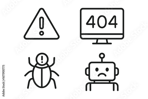 Error 404 page not found, bug report line icon set. Vector symbols for debugging, website problems, system failure, warning alerts, and technology issues. Sad robot.