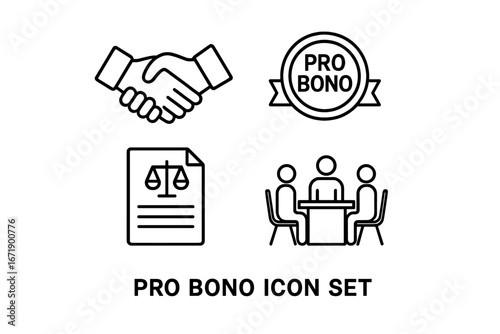 Pro bono vector icon set. Free legal services line icons. Lawyer volunteer work. Attorney handshake, justice document, charity law badge, client consultation. Legal aid concept.