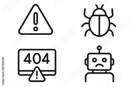 Error and bug line icon set. Concept for 404 page not found, website problem, system failure, and debugging. Sad robot, warning sign, and software bug vector symbols.