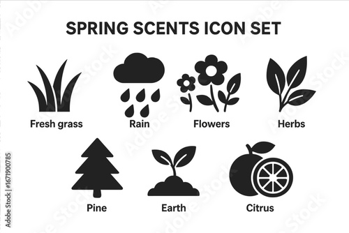 Spring Scents Icon Set. Solid Filled Vector Icons of Seasonal Aromas: Fresh Grass, Rain, Flowers, Herbs, Pine, Earth, Citrus. Nature Elements and Fragrance Symbols Collection.