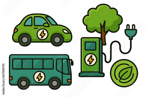 Eco friendly transportation set with electric car, bus, and charging station. Green energy concept. Sustainable mobility solution. Modern vector cartoon icons for ecology design.