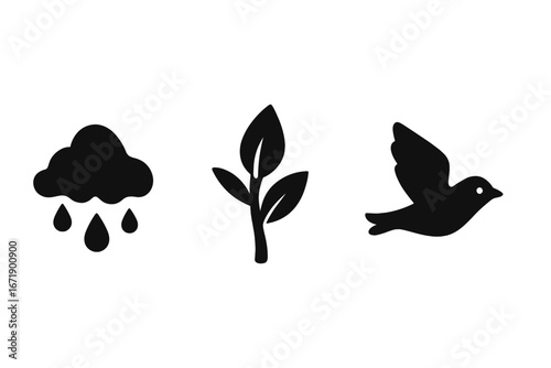 Seasonal transition vector icons set. Solid filled symbols of spring weather change, rain cloud, sprouting plant, migration bird. Nature signs, phenology, ecology, renewal concept illustration.