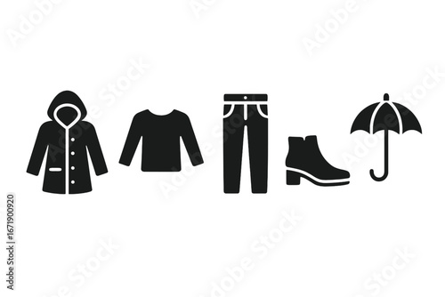 Spring Wardrobe Essentials Icon Set. Solid Vector Icons of Raincoat, Sweater, Jeans, Ankle Boots, Umbrella. Casual Clothing and Accessories for Rainy Weather, Fashion Outfit Concepts