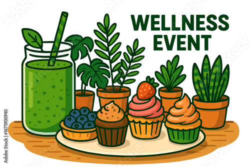 Wellness event concept with healthy food. Green smoothie, cupcakes with berries & desserts. Vector cartoon illustration of a healthy lifestyle, nutrition, detox, and clean eating.