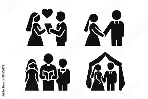 Solid Filled Wedding Icon Set Featuring Marriage Ceremony Moments and Rituals, Bride and Groom Exchanging Vows, Holding Hands, Officiant, Wedding Tent, Vector Silhouette Illustration