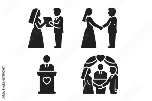 Solid Black Wedding Ceremony Icon Set. Bride and Groom Exchanging Vows, Holding Hands, Wedding Officiant, Marriage Celebration Symbols. Romantic Couple, Formal Event, Vector Illustration