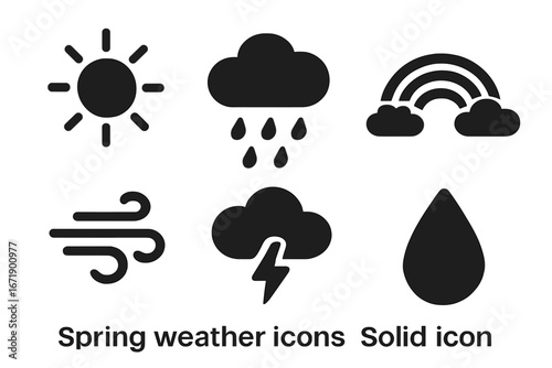 Spring weather solid vector icons set. Filled graphic sun, rain cloud, rainbow, wind gust, lightning storm, water drop. Modern illustration for weather forecast, climate, meteorology, apps.