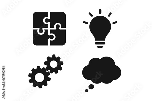 Problem solving and brainstorming solid icon set. Vector glyphs of puzzle, light bulb for idea, gears for process and thought bubble. Metaphor for solution, creativity, thinking.