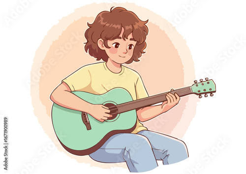 Young boy playing guitar happily with light background